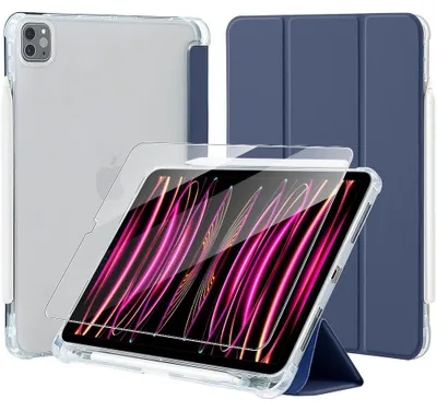 Image de Coque + Verre Trempé pour iPad Pro 12,9'' (2018 2020 2021 2022 3/4/5/6) Antichoc Renforcé avec Porte-Stylet - Bleu Marine