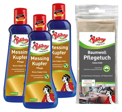 Produktbild von Poliboy Messing Kupfer - 3x200 ml - zur Reinigung und Pflege von Messing und Kupfer - mit Anlaufschutz - mit Baumwolltuch - 99A4801