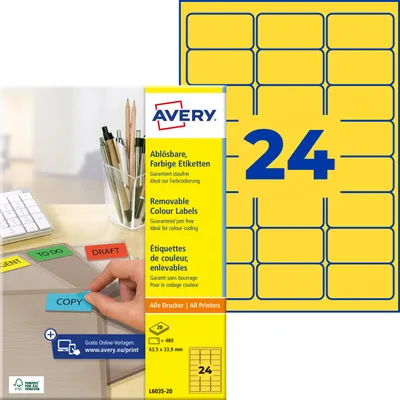 Produktbild von Avery Zweckform L6035-20, Farbige Etiketten, ablösbar, A4, 63,5 x 33,9 mm, 480 Etiketten / 20 Bögen, gelb