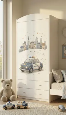 Image de Armoire pour enfants avec un motif ravissant – Armoire à 2 portes pour chambre d'enfant avec 2 tiroirs, tringle à vêtements et étagères, blanche (88 x 187 x 54 cm)