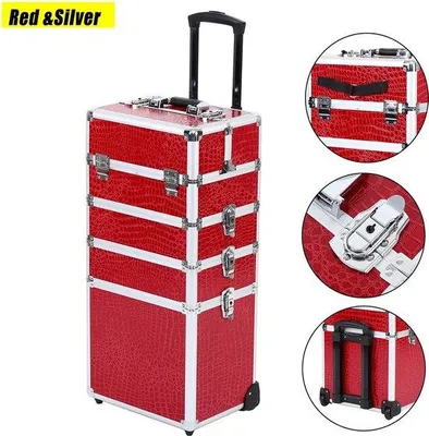Productafbeelding van Famanu Make-up Koffer - Aluminium Trolley, 4-in-1 - Rood - 24x36x97 cm
