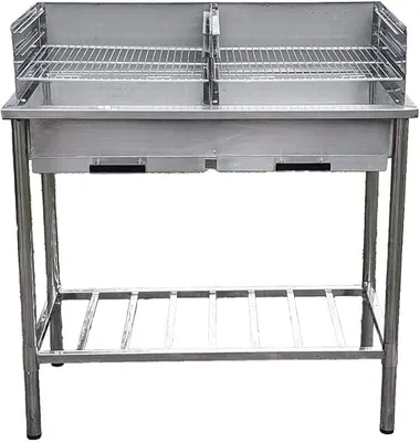 Produktbild von Grilltisch aus Edelstahl, Outdoorküche, Holzkohhlegrill mit zwei Grillflächen