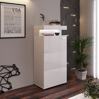 Produktbild von lukmebel Vitrine VANCOUVER W9.410, weiß, LED, Hochglanz, laminierte Spannplatte, 122,8x60x36,6 cm (HxBxT), modern, Wohnzimmer, Chromgriffe, Deko-Aussparung