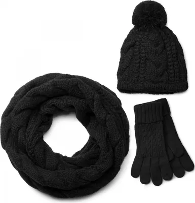 Produktbild von styleBREAKER Schal, Mütze und Handschuh Set, Zopfmuster Strickschal mit Bommelmütze und Handschuhe, Damen 01018208