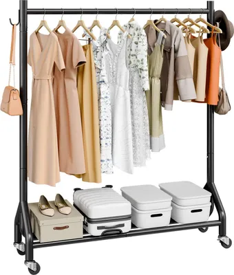 Image de Porte-manteaux - Porte-manteaux sur roulettes - Avec tringle et crochets latéraux - Capacité de charge jusqu'à 90 kg - Acier au carbone robuste - Pour la chambre, la buanderie et le salon