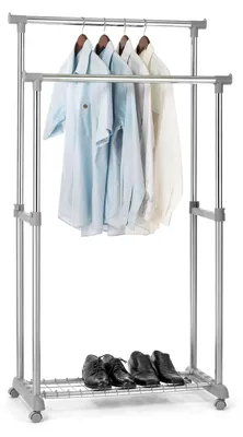 Produktbild von Garderobenwagen GROSSO Kleiderständer Rollgarderobe Garderobenständer , mit Schuhablage, 2 Kleiderstangen, höhenverstellbar, Metallrohr verchromt