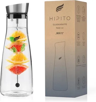 Produktbild von Elegantes Glaswassertuch 1,5 Liter mit Edelstahldeckel und Fruchteinsatz
