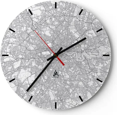 Produktbild von Wanduhr - Rund - Glasuhr - Stadt Karte London - 30x30cm - Schleichendes Uhrwerk - Lautlos - zum Aufhängen bereit - Dekoration Modern - Wanddekoration aus Glas - C3AR30x30-4680