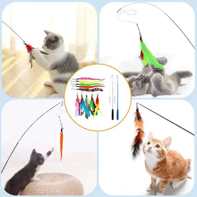 Produktbild von Stabile Katzenangel mit Federn - Katzenspielzeug mit Ersatzteilen und Glocken