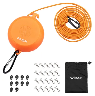 Produktbild von Wiltec Wäscheleine ausziehbar orange 8 m, Camping Wäscheleine mit 20 Wäscheklammern, Outdoor Trockenleine bis 75 kg, Reisewäscheleine mit Clips und Transportbeutel