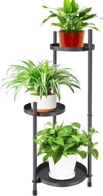 Image de Support à plantes à 3 niveaux, support à fleurs, métal, noir, support à plantes d'intérieur, support à plantes de balcon, support à plantes de salon