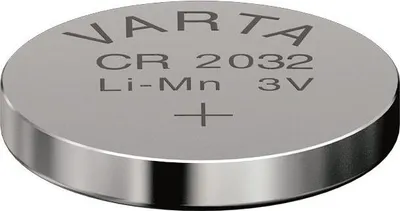 A close-up studio shot of a Varta CR 2032 lithium coin cell battery.