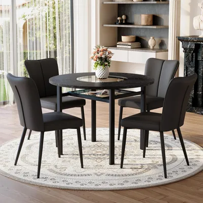 Produktbild von Tisch-Stuhl-Set, runder Esstisch + 4 schwarze PolyurethanSessel, schwarze Metallbeine