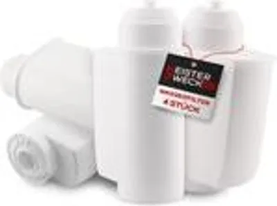 A group of white water filter cartridges are arranged together on a white background. One of the cartridges has a black and red tag attached to it.