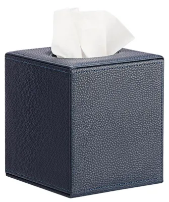 Image de Boîte de mouchoirs en simili cuir, forme carrée, texture structurée, couleur bleu marine, dimensions : 13,2 x 13,2 x 14,8 cm