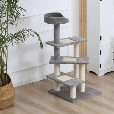 Produktbild von Kratzbaum 100 cm, Katzenturm mehrstöckig, Kletterbaum mit Sisalstämmen, Beige und Grau | 48,5 x 48,5 x 100 cm | 8,5 kg | bis 15 kg Belastbarkeit