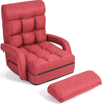 Produktbild von GOPLUS Klappbarer Bodenstuhl mit Armlehnen und Kissen, Comfort Mehrwinkel-Sessel aus Baumwolle, Faules Schlafsofa mit Verstellbarer Rückenlehne (Rot)
