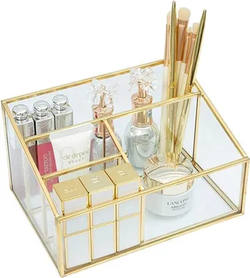 Produktbild von Vintage-Pinselhalter in Gold - Glas-Make-up-Organizer für Kosmetik, Nagellack, Lippenstifte und Pinsel