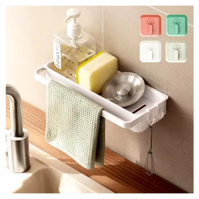 Immagine prodotto di Portasponge bianco, da appendere senza forare, organizer da parete per la cucina con scolapiatti e 4 ganci