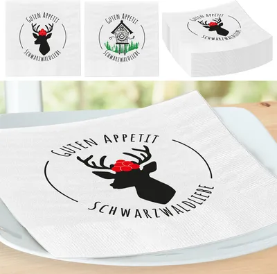 Produktbild von Servietten Schwarzwaldliebe Hirsch und Kuckucksuhr 80er Set 33x33cm Papierserviette stoffähnlich Tuch Partyzubehör