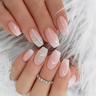Produktbild von Künstliche Nägel zum Aufkleben, Sarg French Tip, Rosa Glitzer Farbverlauf, 24 Stück