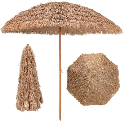 A straw umbrella shown in three different views: open, closed, and from the top.