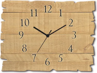 A wooden wall clock with black hands and numbers.
