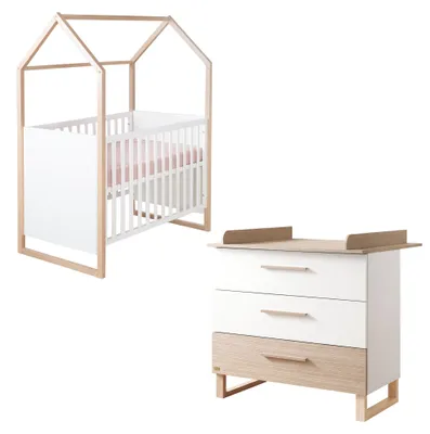 Immagine prodotto di Set per cameretta "Noah" - Set per cameretta neonato con lettino e culla 60 x 120 cm e fasciatoio - Set di mobili composto da 2 pezzi - Bianco e color cashmere