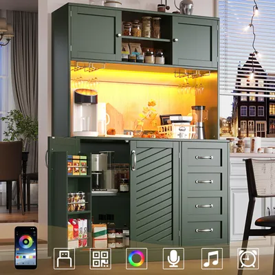 Produktbild von Buffetschrank 120x40x188cm – Seitenboard & Küchenschrank mit LED, Snackregal & Getränkehaltern, 4 Türen & 2 Schubladen, hoher Vorratsschrank, Grün/Schwarz/Weiß