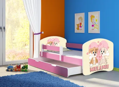 Produktbild von ACMA Jugendbett Kinderbett Junior-Bett Komplett-Set mit Matratze Lattenrost und Rausfallschutz Rosa 12 Welpen 160x80 + Bettkasten