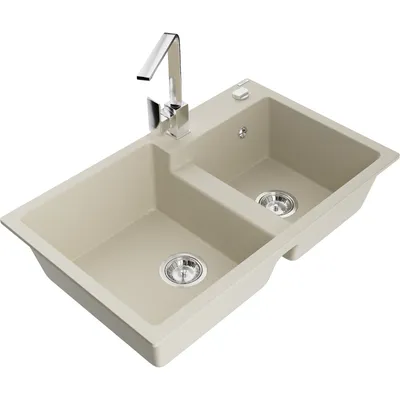Obrázek produktu pro Mexen Tomas 2-miskový granitový dřez s kuchyňskou baterií Rita, Béžová - 6516-69-670300-00