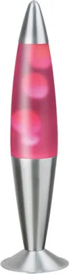 A lava lamp with pink liquid and silver base and top.