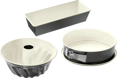 Produktbild von Dr. Oetker 3er Backformen-Set BACK-TREND: Springform, Gugelhupfform und Kastenform, Kuchenformen aus Stahl mit keramisch verstärkter Antihaft-Beschichtung (Farbe: creme/anthrazit), Menge: 1 x 3er Set