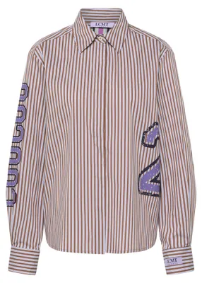 Produktbild von Braune Damen Bluse mit feinem Streifendessin und grafischen Applikationen, Größe 48