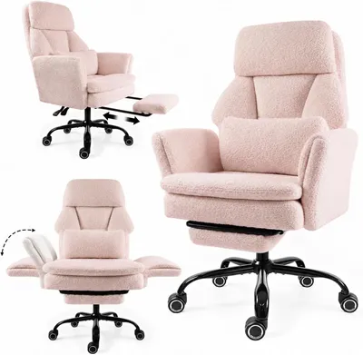 Produktbild von Drehstuhl, Bürostuhl mit Fußstütze, Schreibtischstuhl aus Teddy-Stoff fürs Homeoffice, 5-stufig verstellbare Armlehnen, 90°–135° neigbar, 200kg