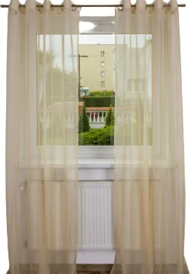 A sheer ecru curtain hangs in front of a window, revealing a view of buildings and greenery outside.