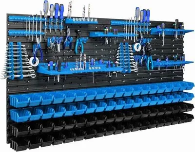 Produktbild von Famanu Aufbewahrungssystem Werkstatt mit 76 Stapelboxen und Werkzeughaltern - erweiterbares Wandregal