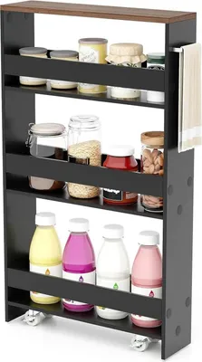 Immagine prodotto di Scaffale a nicchia su ruote - Carrello da cucina e da servizio stretto con 4 ripiani - 47,5 x 13 x 80,5 cm - Struttura in legno - Nero/marrone