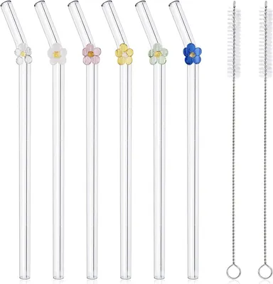 Image de Paille réutilisables en verre - Lot de 6 - Motifs floraux colorés et attrayants