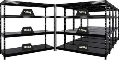 Produktbild von Mega Deal | 5x Profi Schwerlastregal Rhino | HxBxT 180x200x60cm | 4 Stahlplatten-Ebenen | Fachlast 500kg | Schwarz