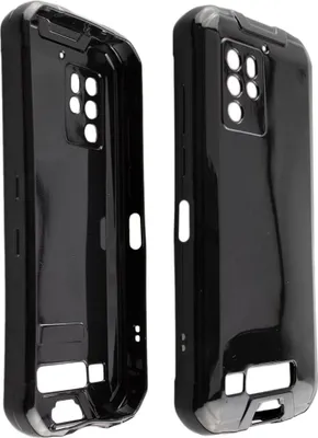 Two black phone cases are shown from different angles against a white background.