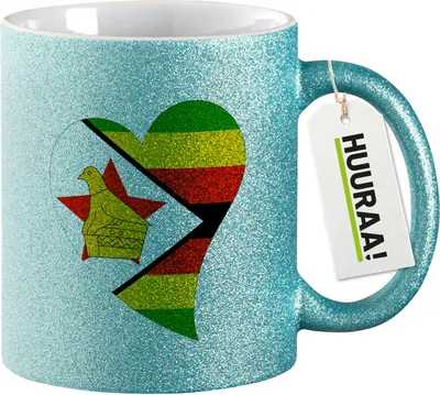 Produktbild von Huuraa Glitzertasse Simbabwe Flagge Herz 330ml Blau Keramik Kaffeebecher Geschenkidee