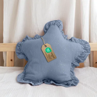 Imagen del producto de Cojín decorativo estrella azul con volantes, sin aplicación dorada - muselina