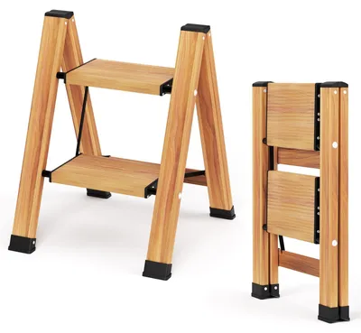 Produktbild von Zweistufige, klappbare Aluminiumleiter – Holzoptik, 150 kg Tragfähigkeit