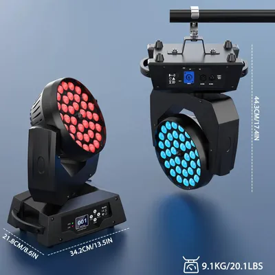 Produktbild von LED Bühnenbeleuchtung - Moving Head Scheinwerfer - 360W RGBW Beam Wash Zoom - 36x10W LED - DMX512 16-Kanal Musikgesteuert Auto - 90–240V - EU-Stecker