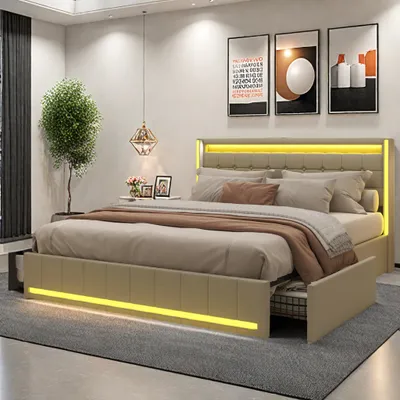 Produktbild von Doppelbett (140 x 190 cm) mit LED-Beleuchtung und USB-Ladeanschluss, 2-Personen-Bett mit 4 Schubladen, einfach zu montieren, Bettwäsche und Matratze nicht enthalten, Beige