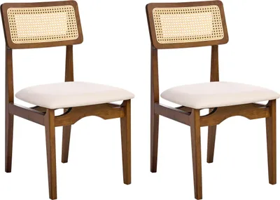 Produktbild von BELIANI Esszimmerstühle 2er Set Dunkelbraun / Hellbeige Gummibaumholz Wiener Geflecht Stoffsitze Ohne Armlehnen Retro Stil Esszimmer Holzstühle