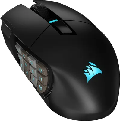 A black Corsair Scimitar Elite wireless gaming mouse with RGB lighting is shown from a side angle against a white background.