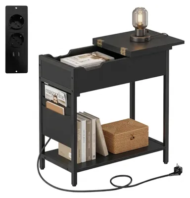 Immagine prodotto di Tavolino Relaxdays con prese di corrente, porta USB, tasca laterale, A x L x P: 60 x 60 x 31,5 cm, comodino, nero