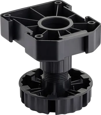 A black adjustable furniture leg base on a white background.